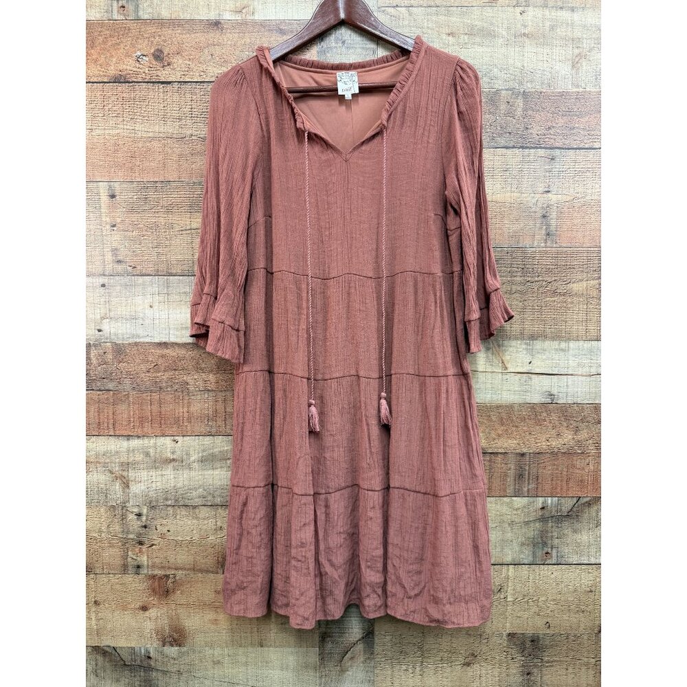 Naif Rust Orange Textured Tiered Mini Dress With Tassel Tie Neck & 3/4 Sleeves L